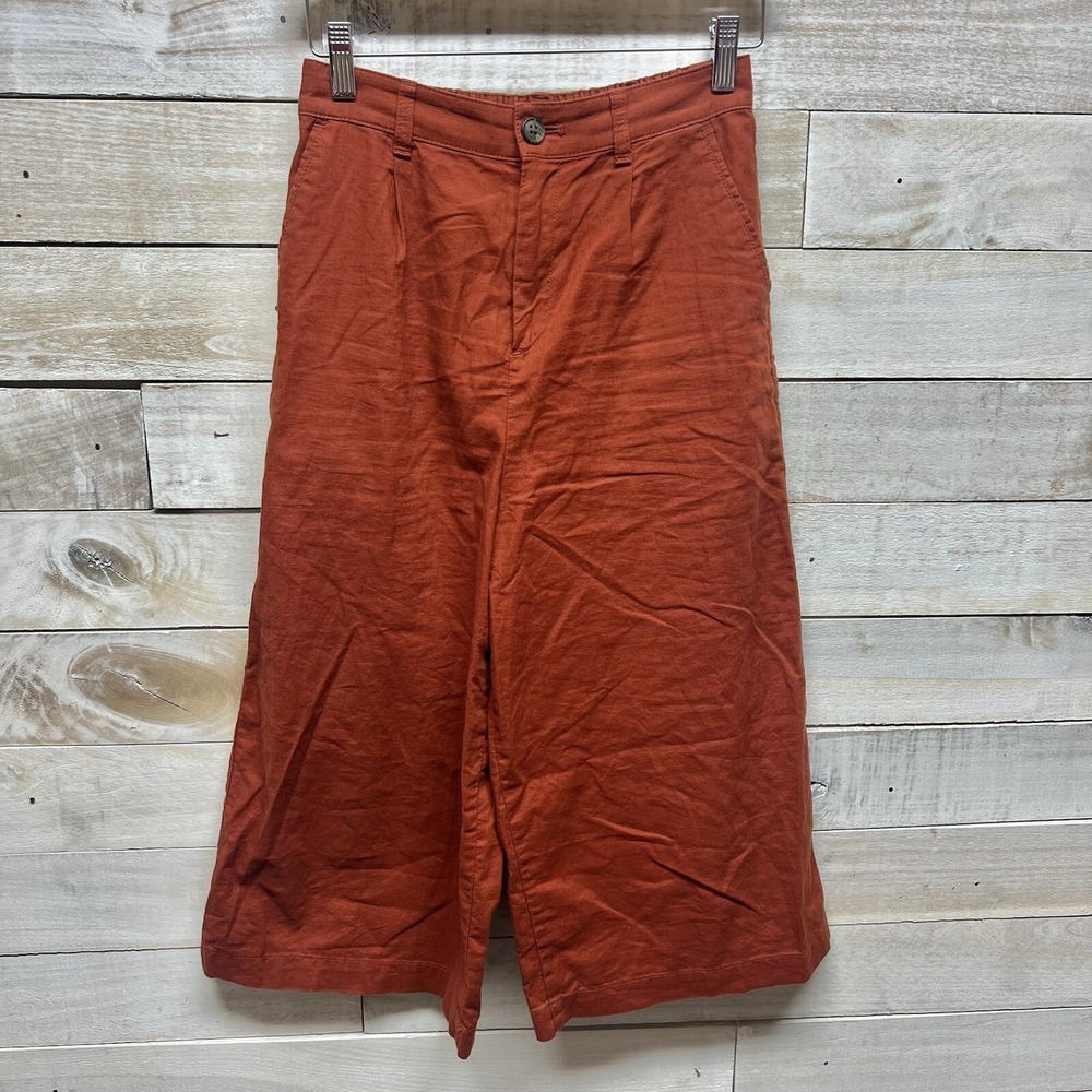 Uniqlo Linen Blend Pants Womens XS Brown Wide Leg Crop High Waist Beach Resort - Picture 2 of 11